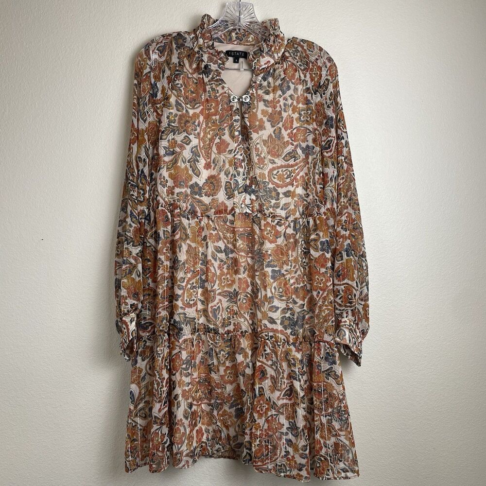 1.State Women’s Chiffon Tiered Long Sleeve Mock Neck Floral Mini Dress-L